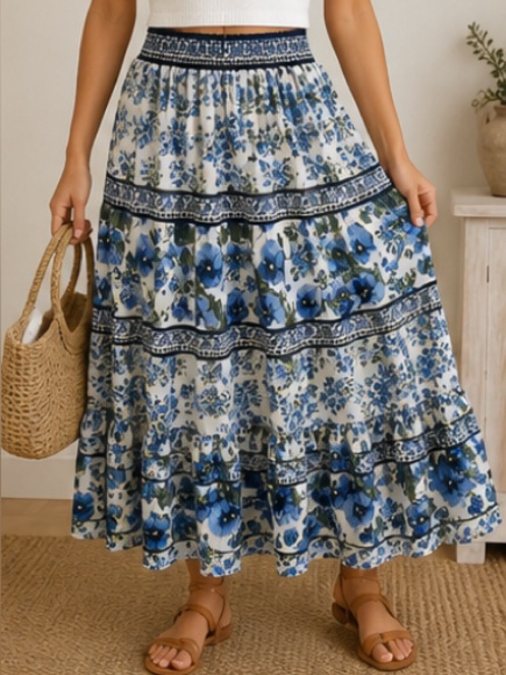 NWT Moon River Blue Floral Tiered Midi Skirt